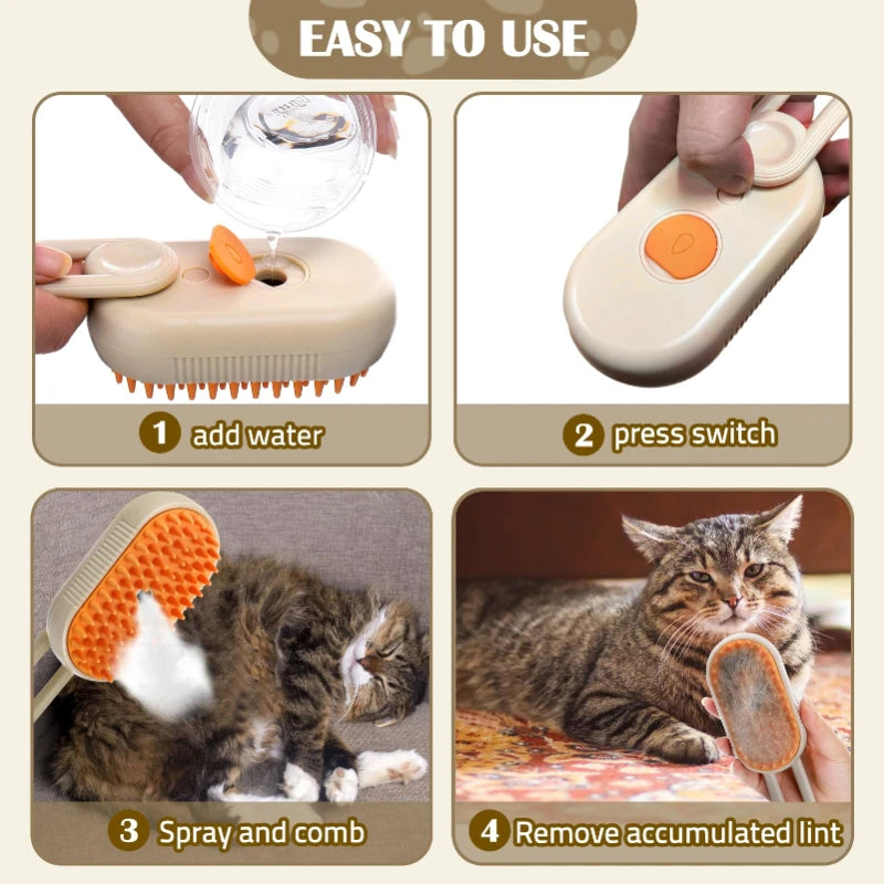 3-in-1 Steam Brush for Cats - Vaporizer Pet Hair Remover and Massage Comb for Effective Grooming