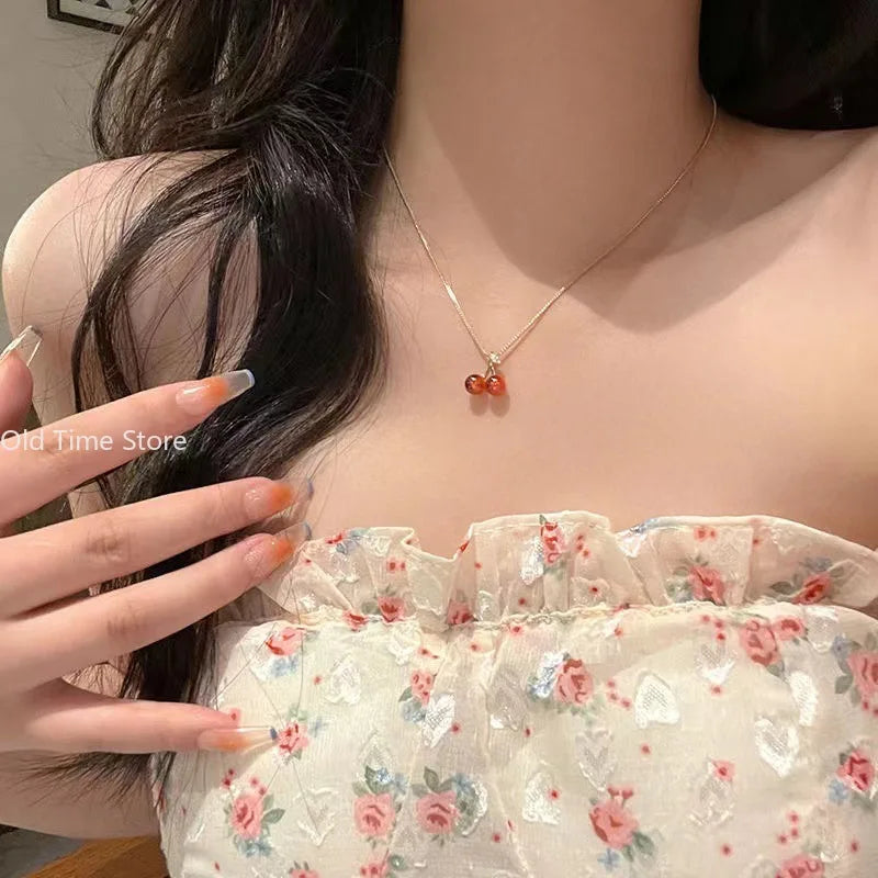 Wine Red Cherry Blossom Necklace Set