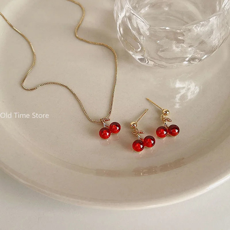 Wine Red Cherry Blossom Necklace Set