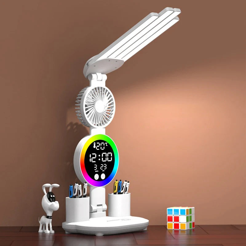 Rechargeable LED Desk Lamp with Fan & Clock Display