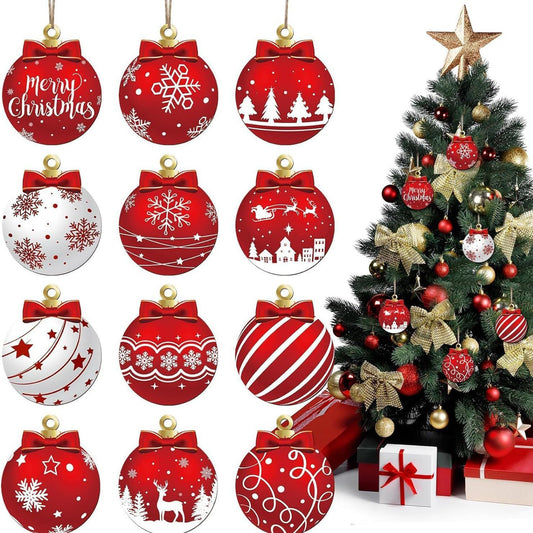 12PCS Red & White Wooden Christmas Ball Ornaments – Elk & Snowflake Pattern Hanging Decorations