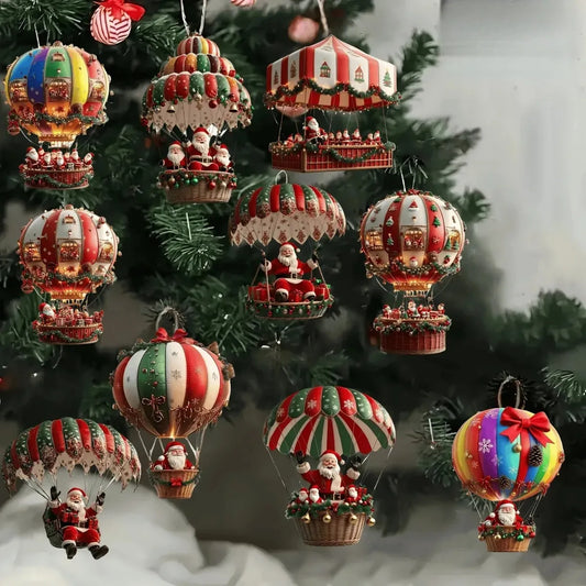 10PCS Wooden Hot Air Balloon Santa Claus Ornaments – 2D Flat Christmas Tree Hanging Decorations & Holiday Gift Set