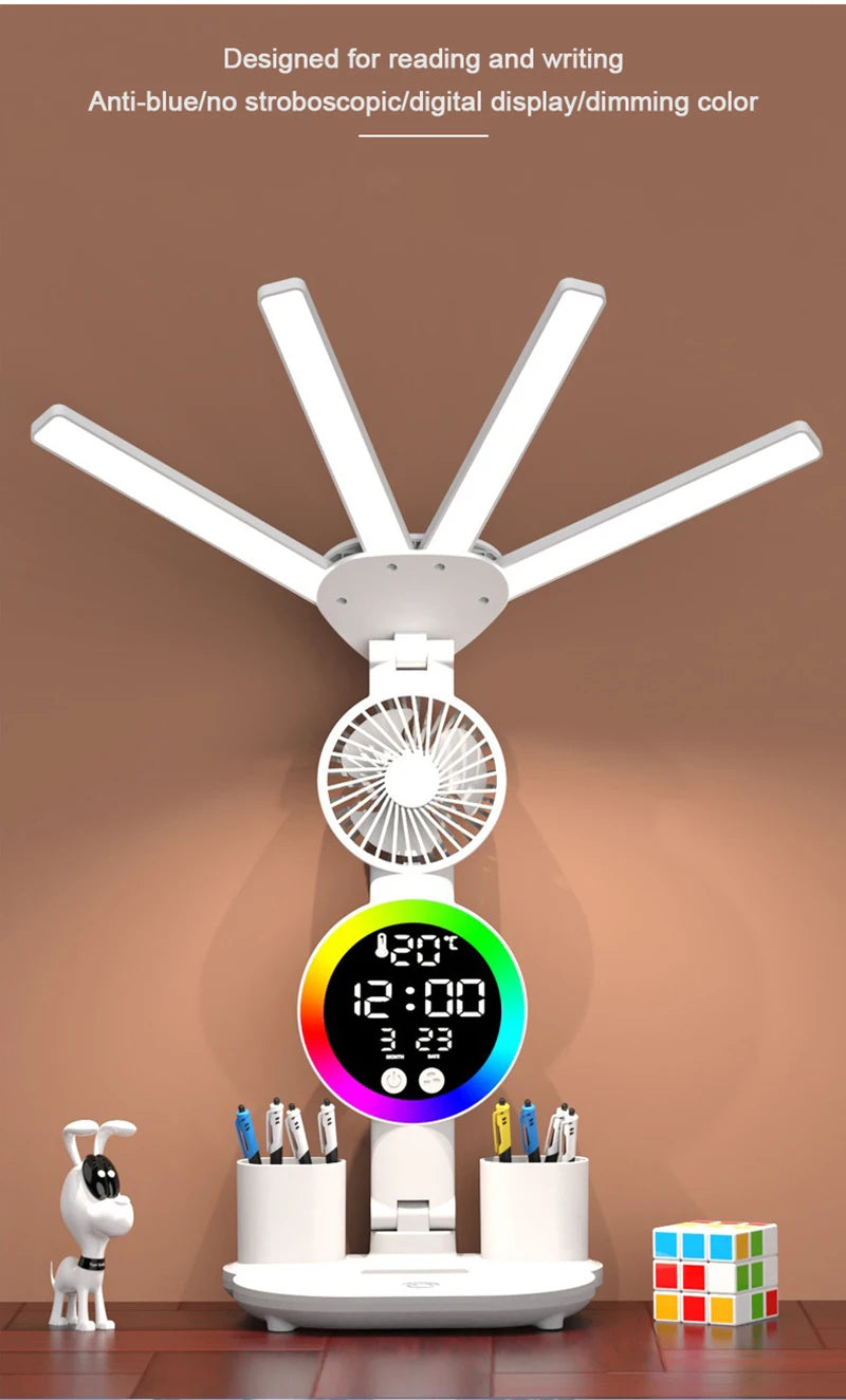 Rechargeable LED Desk Lamp with Fan & Clock Display