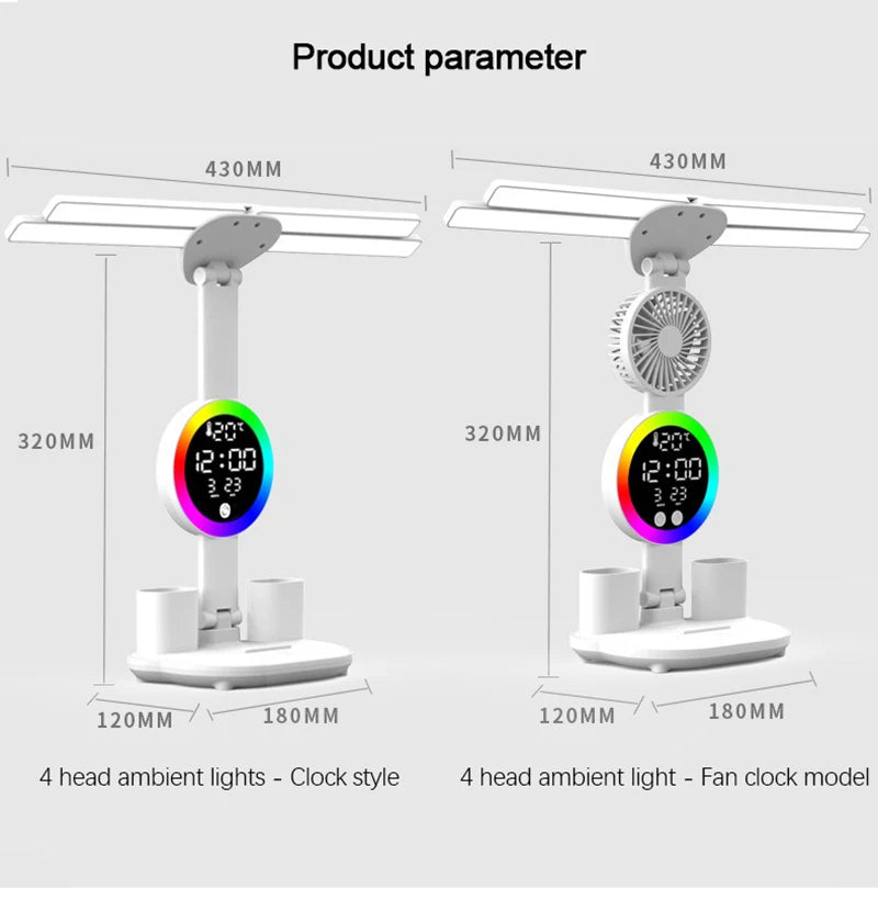 Rechargeable LED Desk Lamp with Fan & Clock Display
