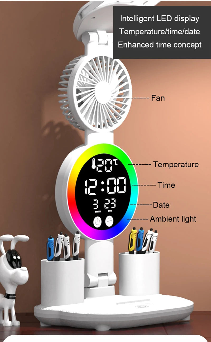 Rechargeable LED Desk Lamp with Fan & Clock Display