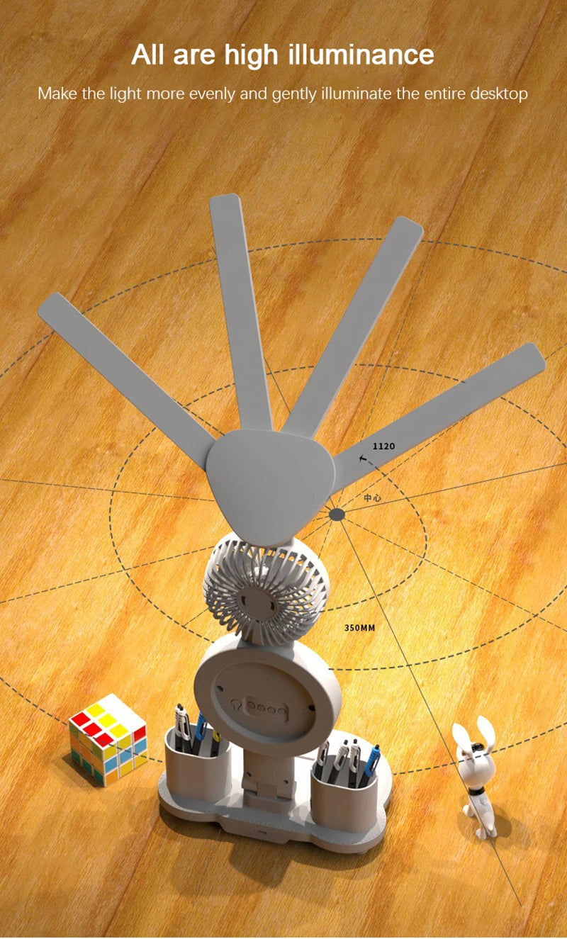 Rechargeable LED Desk Lamp with Fan & Clock Display