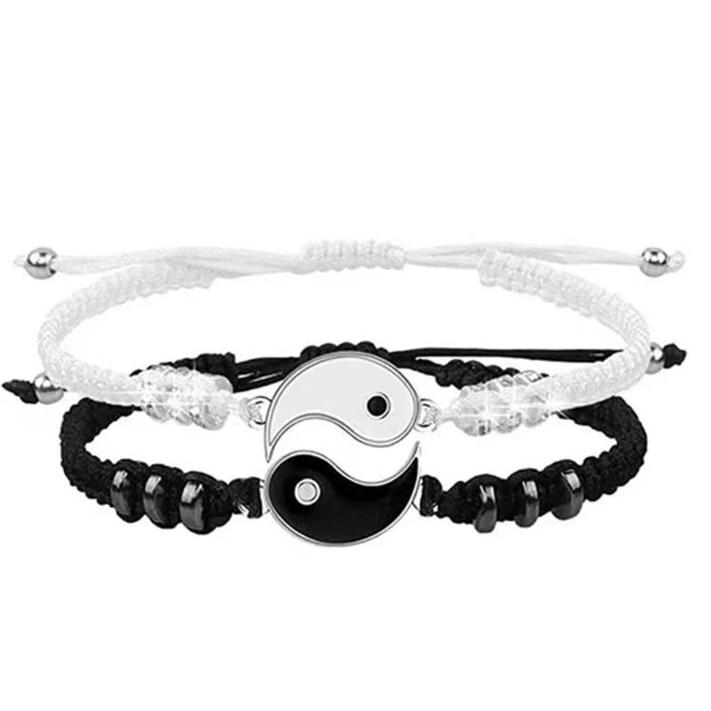 1 Set of 2 Simple Tai Chi Bagua Black and White Yin and Yang Rope Braided Telescopic Adjustment Bracelet for Men and Women Coupl