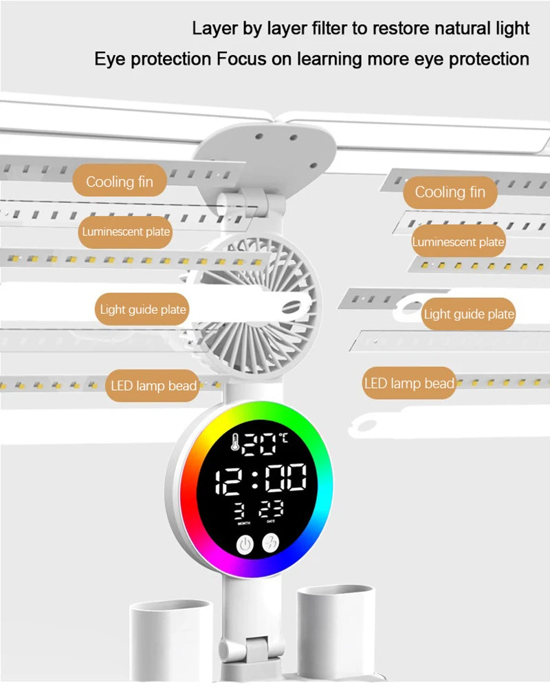 Rechargeable LED Desk Lamp with Fan & Clock Display