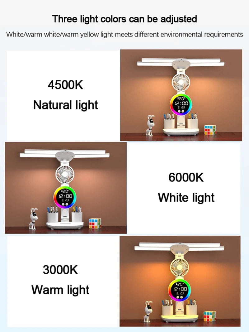 Rechargeable LED Desk Lamp with Fan & Clock Display
