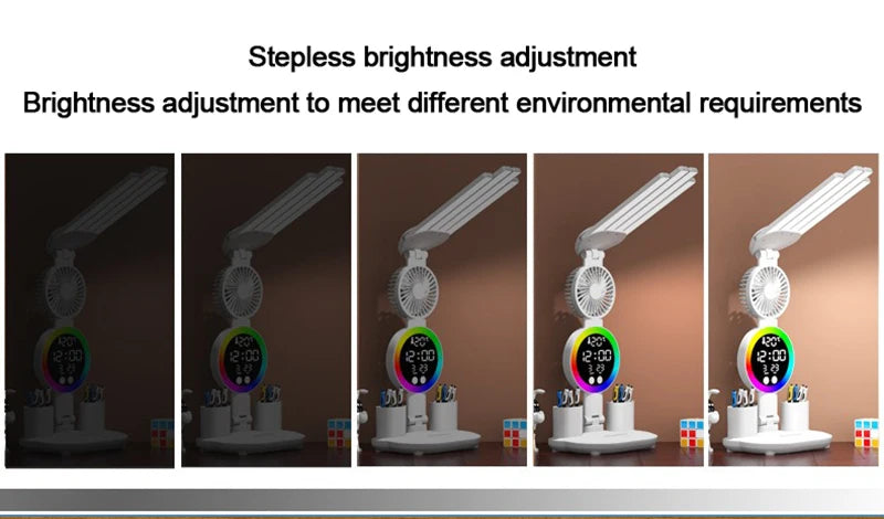 Rechargeable LED Desk Lamp with Fan & Clock Display