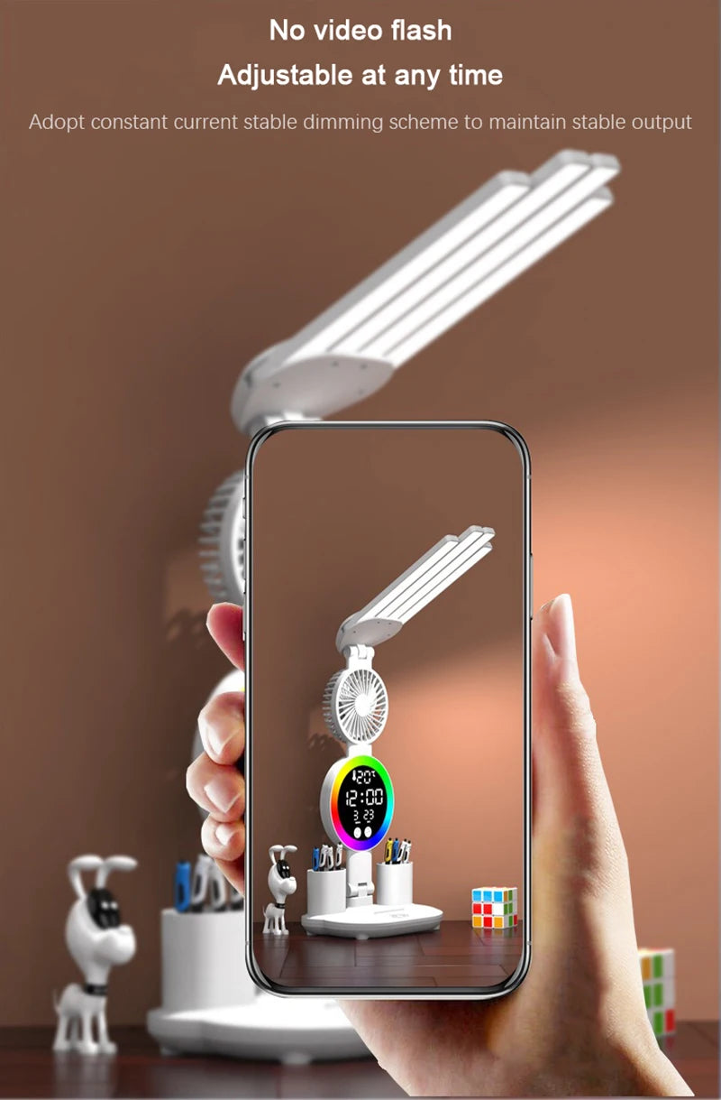Rechargeable LED Desk Lamp with Fan & Clock Display